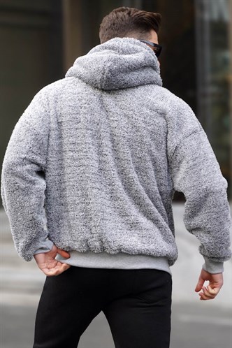 Gri Peluş Over Fit Kapüşonlu Fermuarlı Erkek Sweatshirt 6049