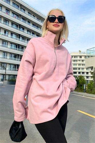 Gül Kurusu Fermuar Yaka Yırtmaçlı Sweatshirt MG1903