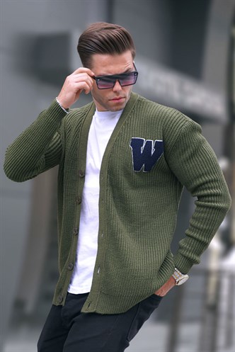 Haki Basic Nakışlı Örgülü Hırka T6313