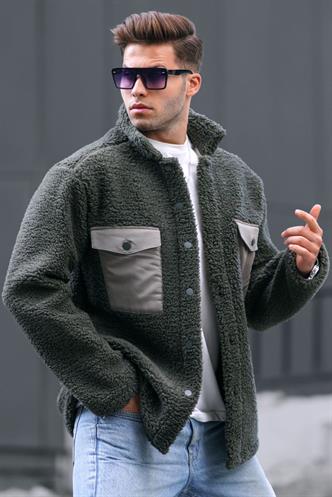 Haki Cep Detaylı Peluş Ceket 6720