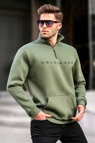 Haki Fermuar Yaka Nakışlı Sweatshirt 6028