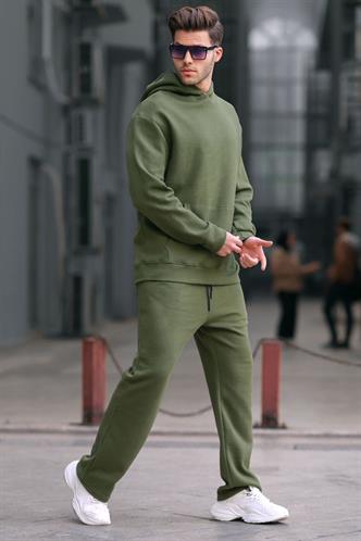 Haki Kapüşonlu Düz Paça Erkek Eşofman Takımı 5934