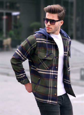 Haki Kapüşonlu Ekoseli Oduncu Gömlek 5577