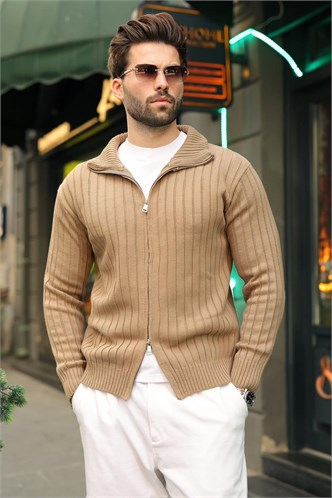 Vizon Çift Fermuarlı Slim Fit Çizgili Erkek Triko Hırka E7522