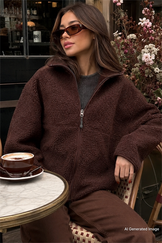 Kahverengi Fermuarlı Kapüşonlu Polar Kadın Ceket MG2569