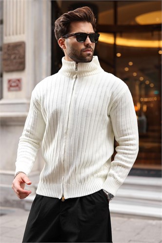 Kemik Rengi Çift Fermuarlı Slim Fit Çizgili Erkek Triko Hırka E7522