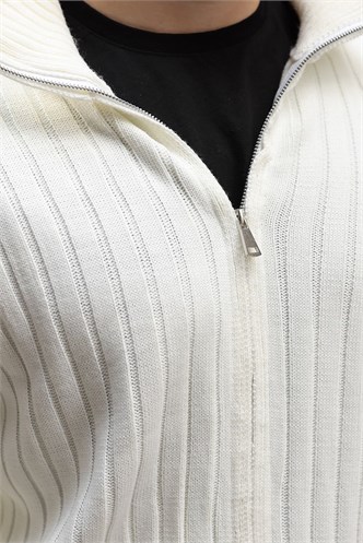 Kemik Rengi Çift Fermuarlı Slim Fit Çizgili Erkek Triko Hırka E7522