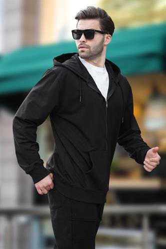 Siyah Kapüşonlu Fermuarlı Erkek Hırka 7070