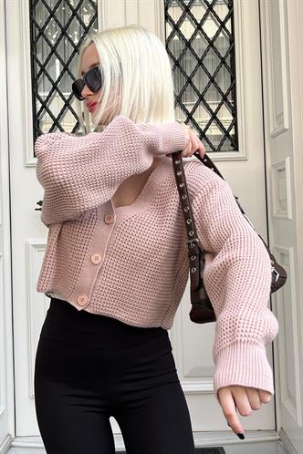 Pudra Uzun Kollu Düğmeli Crop Hırka MG2198