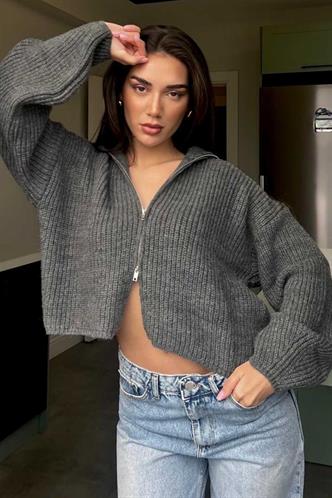 Antrasit Çift Fermuarlı Triko Hırka MG2256