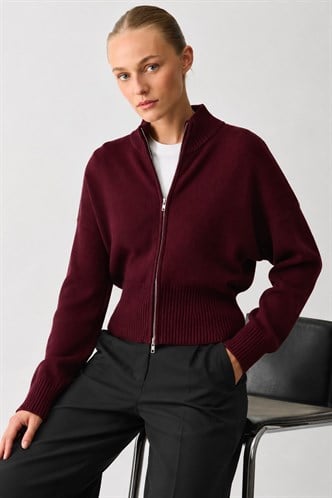 Bordo Çift Fermuarlı Dik Yaka Kadın Triko Hırka MG2505