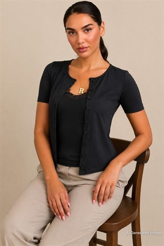 Lacivert Dantel Detaylı Slim Fit Kısa Kol Kadın Hırka MG2710