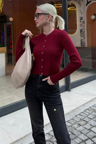 Bordo Çıtçıtlı Fitilli Triko Kadın Hırka MG2579