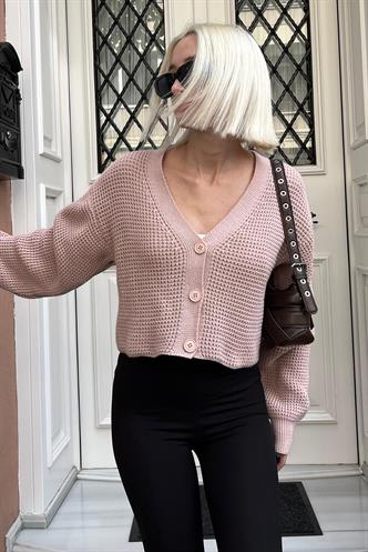 Pudra Uzun Kollu Düğmeli Crop Hırka MG2198