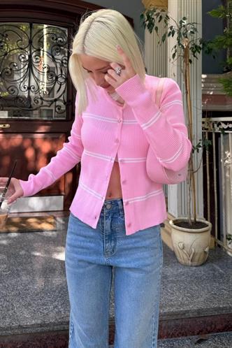 Pembe Çizgili Kadın Triko Hırka MG2481