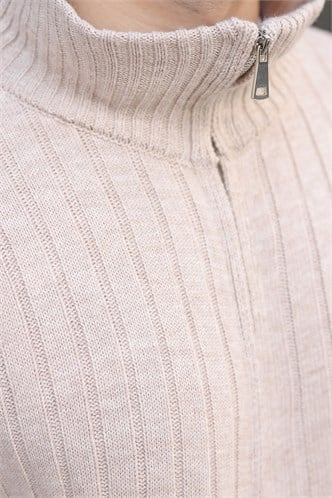 Taş Rengi Çift Fermuarlı Slim Fit Çizgili Erkek Triko Hırka E7522