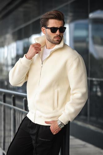 Beyaz Fermuarlı Dik Yaka Erkek Polar Hırka E7166