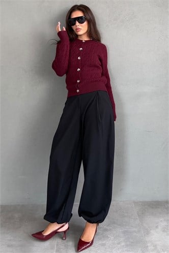 Bordo Bisiklet Yaka Örgü Desenli Kadın Hırka MG2899
