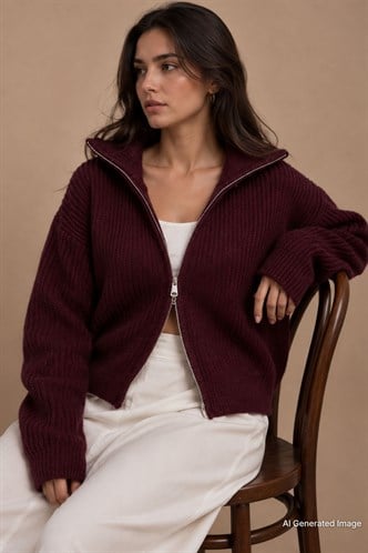 Bordo Çift Fermuarlı Kadın Triko Hırka Mg2532