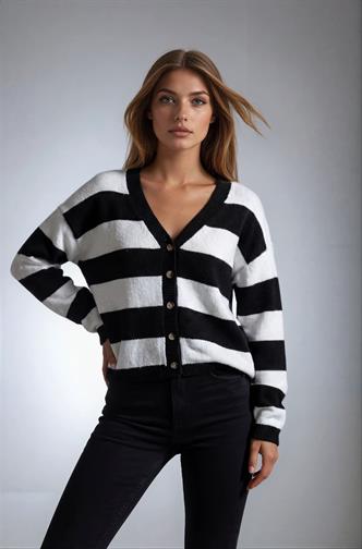 Siyah Çizigli Atkılı Kadın Triko Hırka MG2588