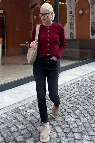 Bordo Çıtçıtlı Fitilli Triko Kadın Hırka MG2579