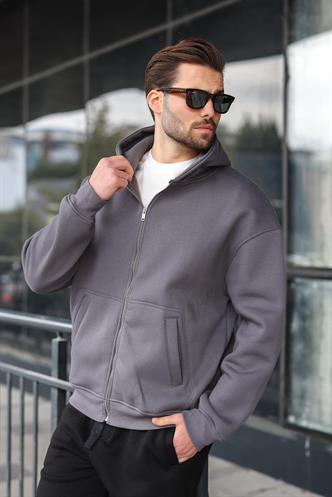 Füme Fermuarlı Kapüşonlu Erkek Hırka E7174