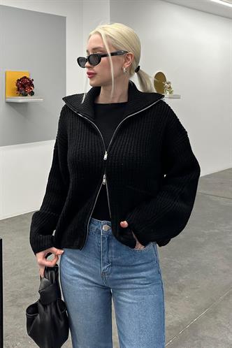Siyah Çift Fermuarlı Triko Hırka MG2256