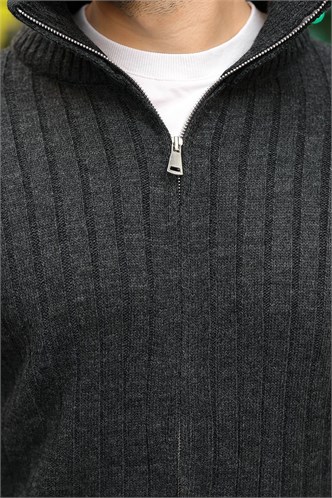 Antrasit Çift Fermuarlı Slim Fit Çizgili Erkek Triko Hırka E7522