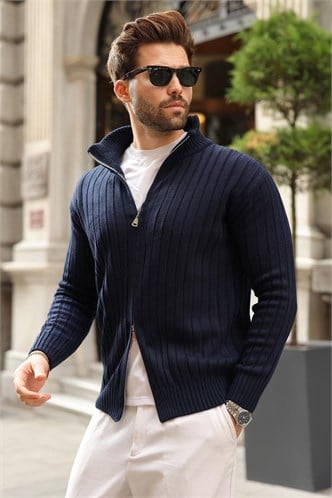 Lacivert Çift Fermuarlı Slim Fit Çizgili Erkek Triko Hırka E7522