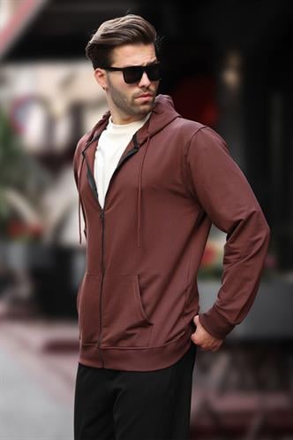 Acı Kahverengi Kapüşonlu Fermuarlı Erkek Hırka 7070
