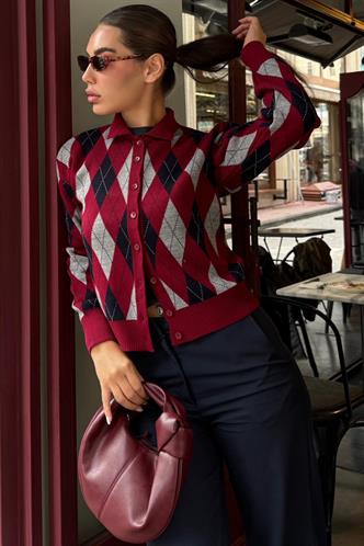 Bordo Baklava Desenli Polo Yaka Kadın Hırka MG2478