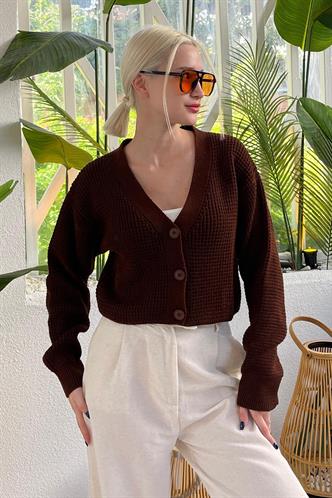 Kahverengi Uzun Kollu Düğmeli Crop Hırka MG2198