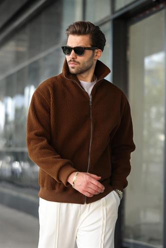 Kahverengi Fermuarlı Dik Yaka Erkek Polar Hırka E7166