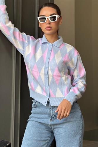 Mavi Baklava Desenli Polo Yaka Kadın Hırka MG2478