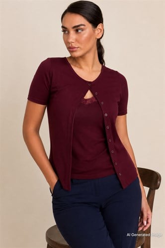 Bordo Dantel Detaylı Slim Fit Kısa Kol Kadın Hırka MG2710