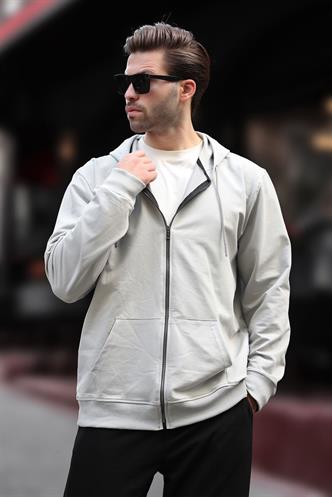 Boyalı Gri  Kapüşonlu Fermuarlı Erkek Hırka 7070