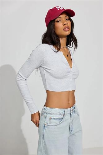 Gri Uzun Kollu Düğmeli Kaşkorse Crop Hırka MG2193