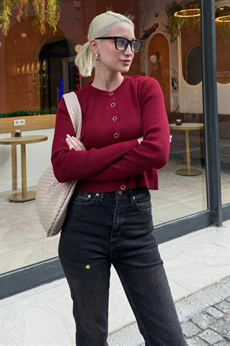 Bordo Çıtçıtlı Fitilli Triko Kadın Hırka MG2579