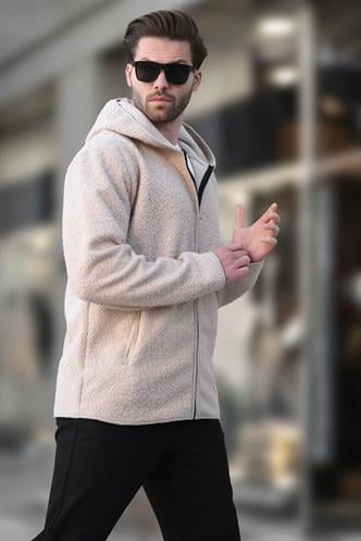 Ekru Fermuarlı Peluş Erkek Hırka E7080