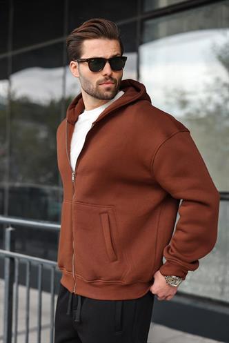 Kahverengi Fermuarlı Kapüşonlu Erkek Hırka E7174