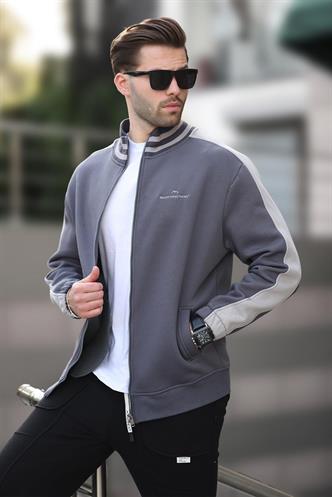 Füme Yarım Balıkçı Yaka Fermuarlı Baskılı Erkek Hırka 7081