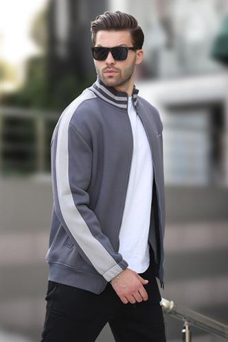 Füme Yarım Balıkçı Yaka Fermuarlı Baskılı Erkek Hırka 7081