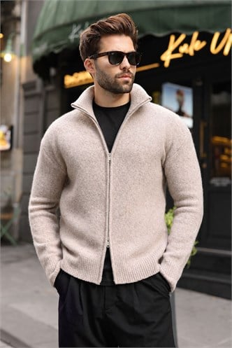 Taş Rengi Dik Yaka Çift Fermuarlı Erkek Triko Hırka E7528