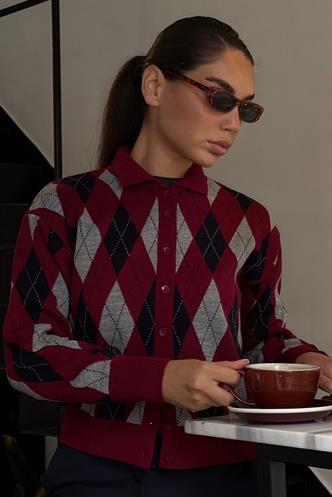 Bordo Baklava Desenli Polo Yaka Kadın Hırka MG2478