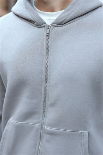 Boyalı Gri Şardonlu Kapüşonlu Erkek Sweat Hırka E7219