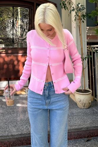 Pembe Çizgili Kadın Triko Hırka MG2481