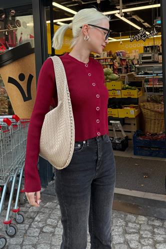 Bordo Çıtçıtlı Fitilli Triko Kadın Hırka MG2579