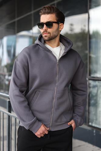 Füme Fermuarlı Kapüşonlu Erkek Hırka E7174