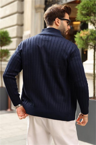 Lacivert Çift Fermuarlı Slim Fit Çizgili Erkek Triko Hırka E7522