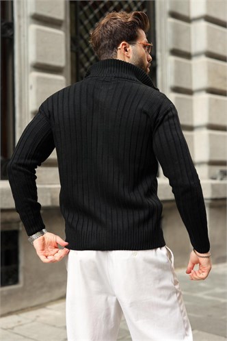 Siyah Çift Fermuarlı Slim Fit Çizgili Erkek Triko Hırka E7522